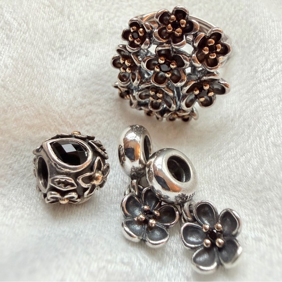 Retired Pandora SS and 14K Gold Forever Bloom Flower Dangle Charm item 790951SPB